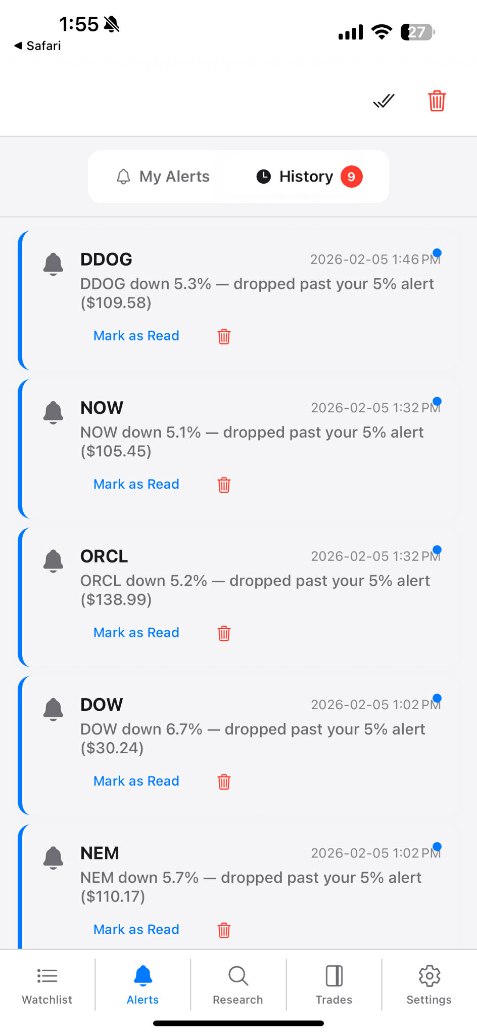 Real-time alert notifications and history