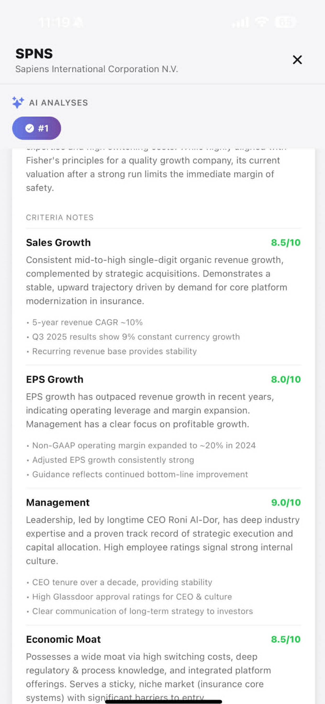 AI Research detailed analysis showing criteria scores for Sales Growth, EPS Growth, Management, and Economic Moat