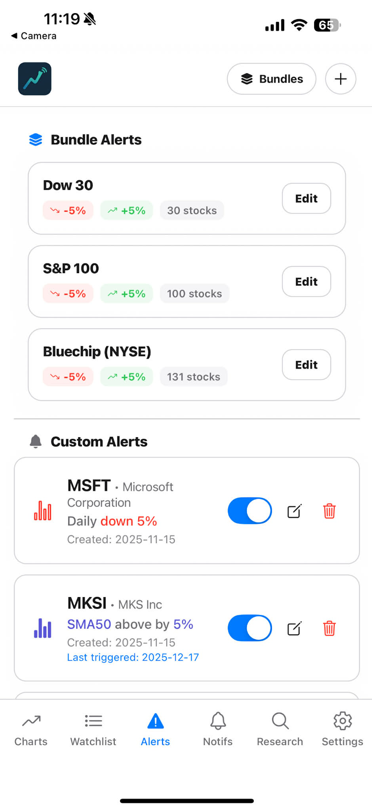 Bundle Alerts screen